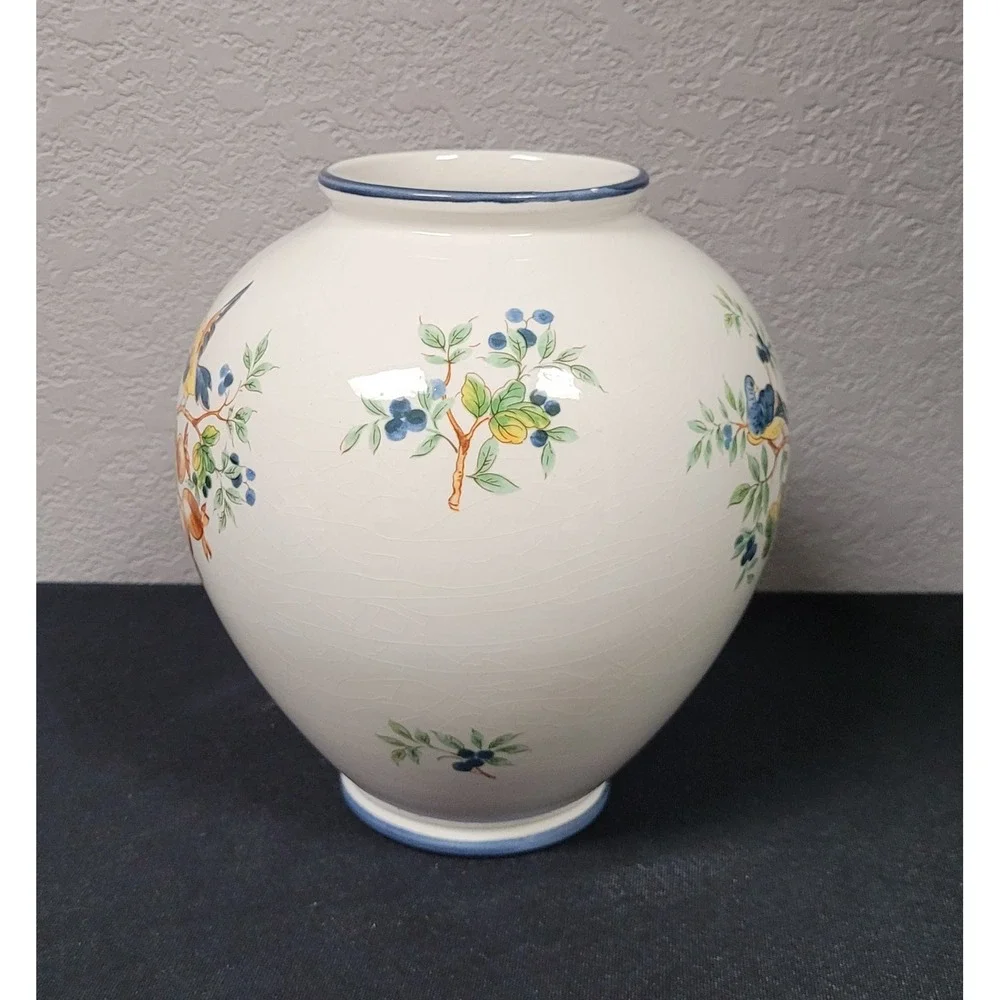 VTG 1980s Hand Painted Ceramic Bird Vase Large Heavy Earthenware Fruit Ovoid 8